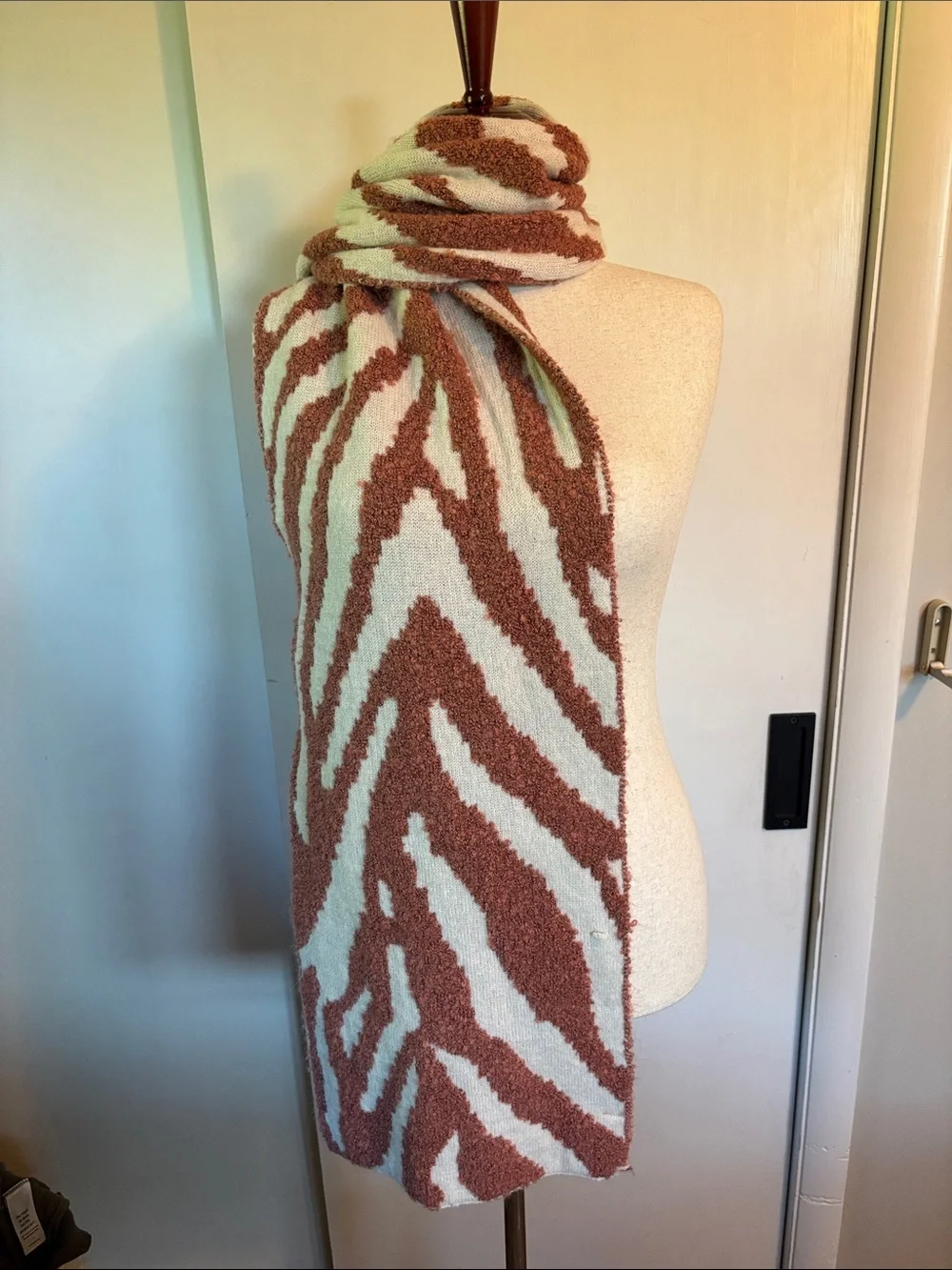 Zebra-Print Cozy Wrap Scarf in Cream and Dusty Rose